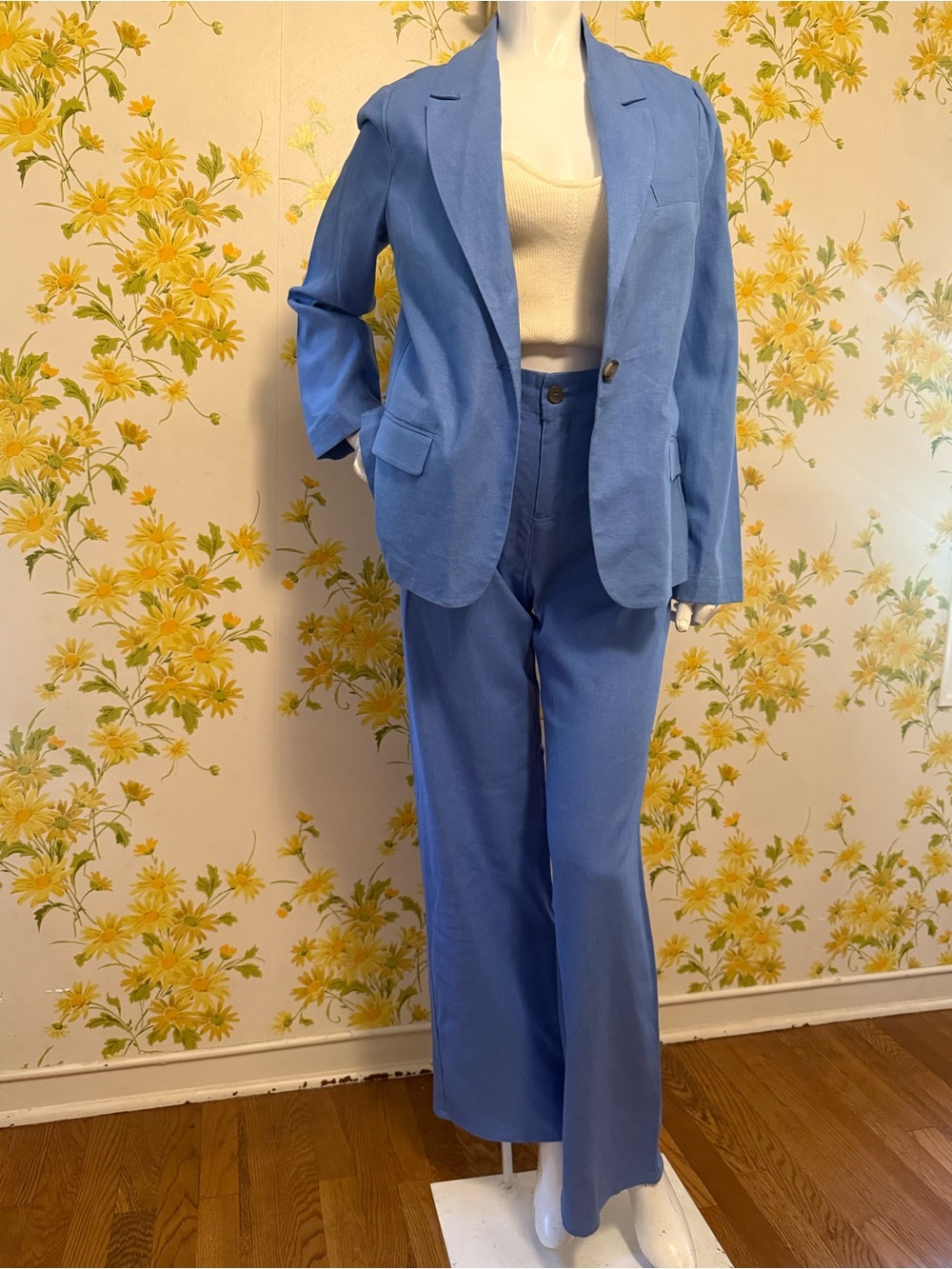 Linen blend Blue Women's Pantsuit - Tailored Jacket & Wide-Leg Trousers size M
